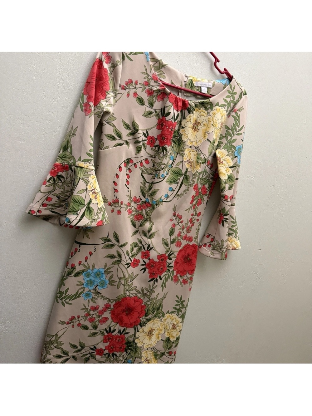 new york and company dress xs Brown Floral bell sleeves Beige Work small m A1